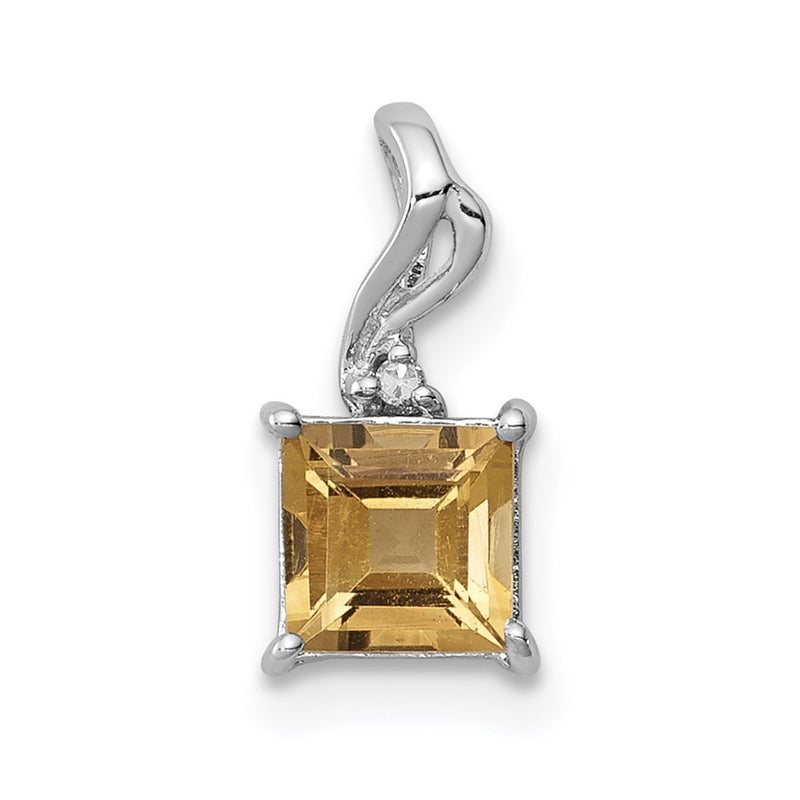 Sterling Silver Rhodium Plated Diamond & Citrine Square Pendant