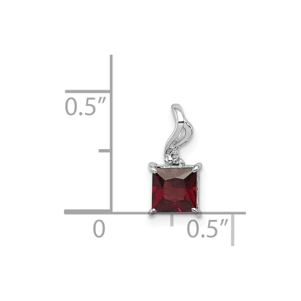 Sterling Silver Rhodium Plated Diamond & Garnet Square Pendant