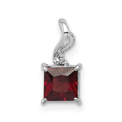 Sterling Silver Rhodium Plated Diamond & Garnet Square Pendant