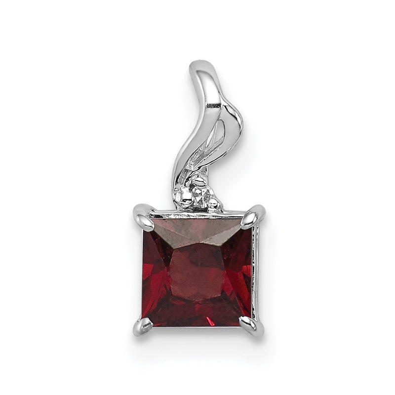 Sterling Silver Rhodium Plated Diamond & Garnet Square Pendant