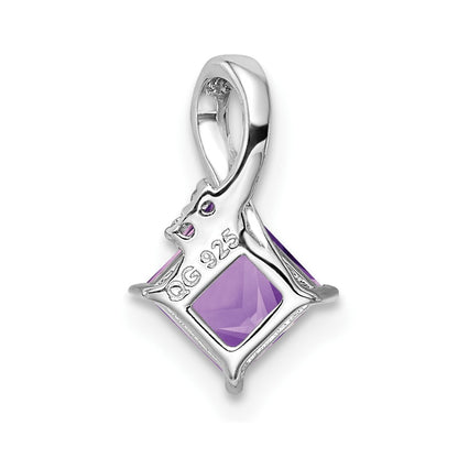 Sterling Silver Rhodium Plated Diamond & Amethyst Square Pendant