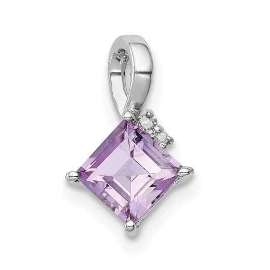 Sterling Silver Rhodium Plated Diamond & Amethyst Square Pendant