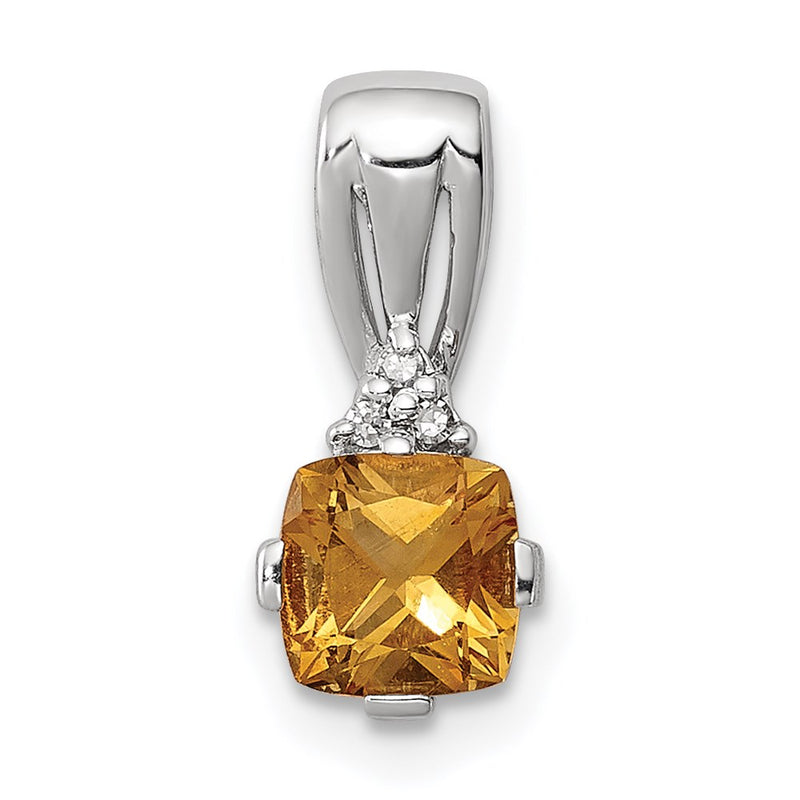 Sterling Silver Rhodium Plated Diamond & Citrine Square Pendant