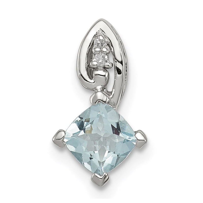Sterling Silver Rhodium Plated Dia. & Aquamarine Square Pendant