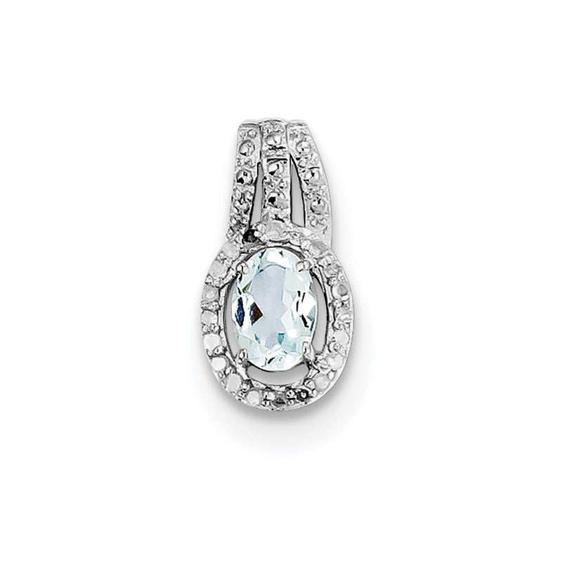 Sterling Silver Rhodium Plated Diamond Aquamarine Oval Pendant