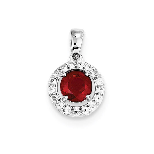 Sterling Silver Rhodium Plated White Topaz & Glass Filled Ruby Pendant