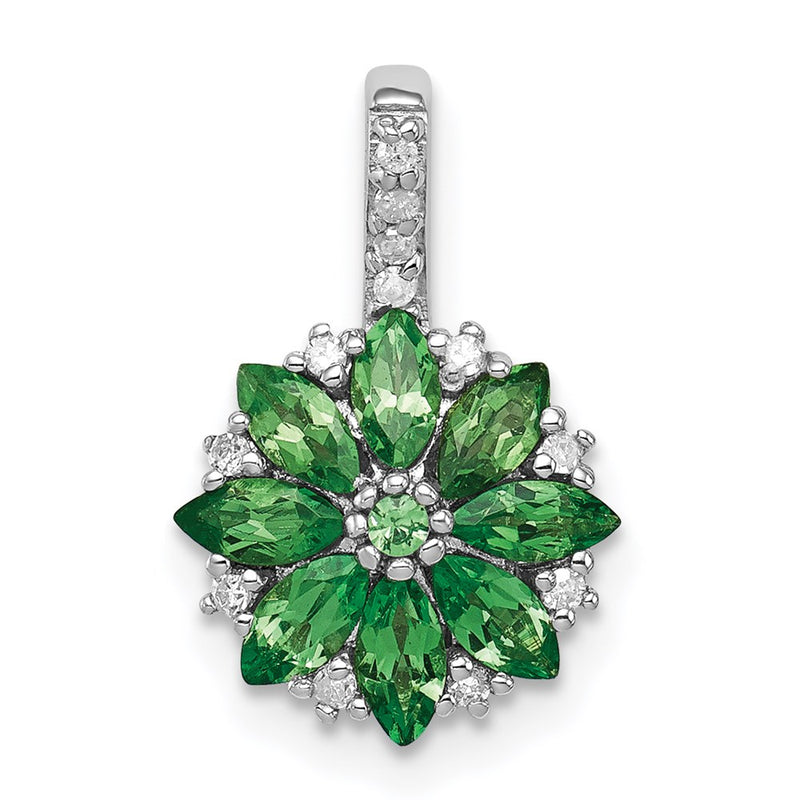 Sterling Silver Rhodium Plated Diamond & Tsavorite Garnet Flower Pendant