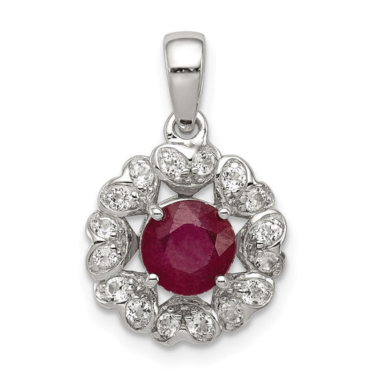 Sterling Silver Rhodium Plated White Topaz & Ruby Pendant