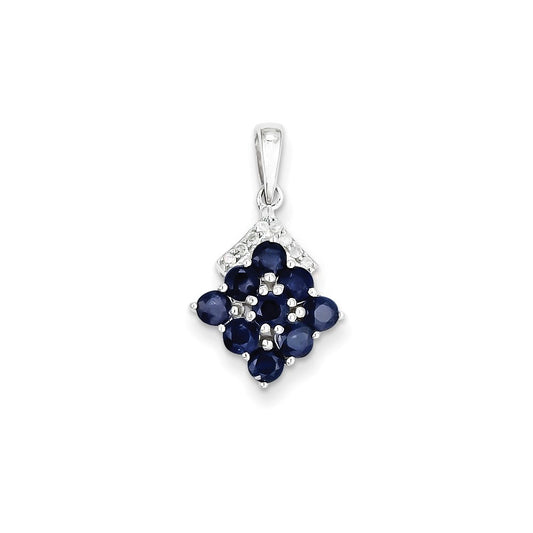 Sterling Silver Rhodium Plated Diamond & Sapphire Square Pendant