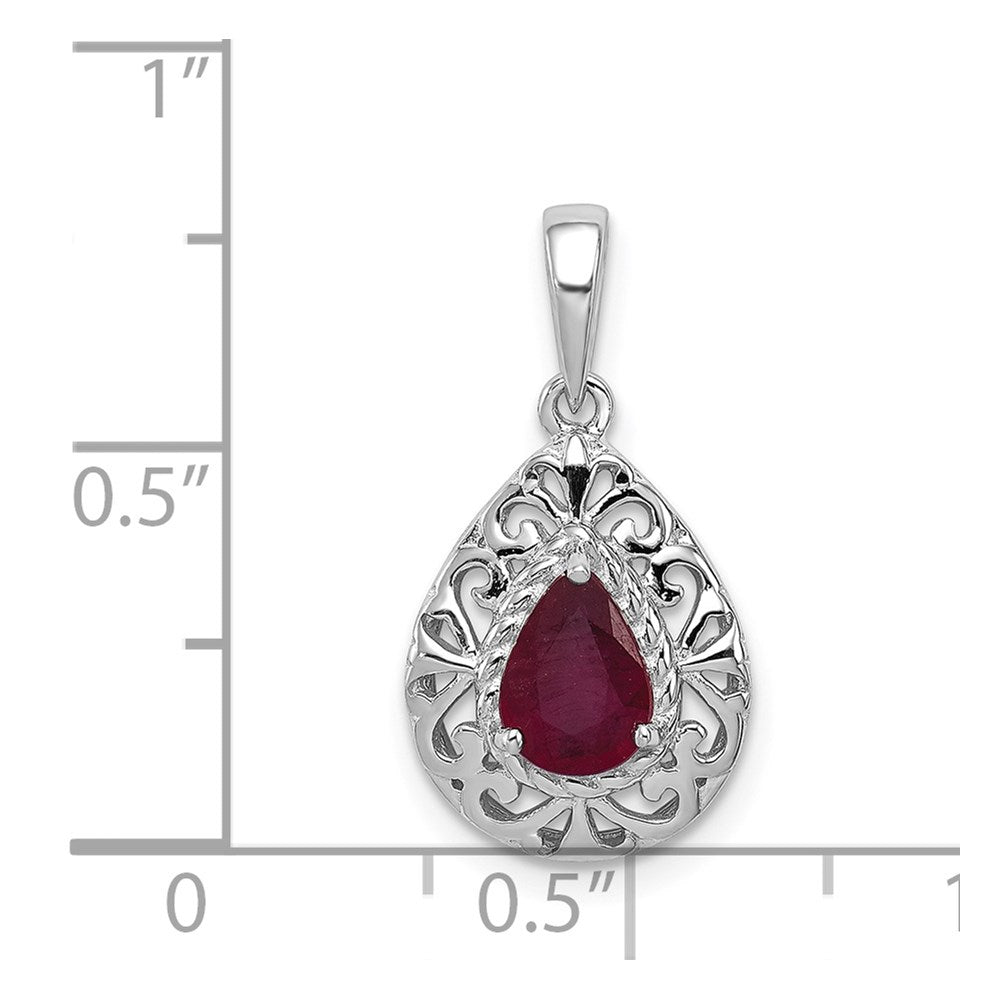 Sterling Silver Rhodium Plated Ruby Teardrop Pendant