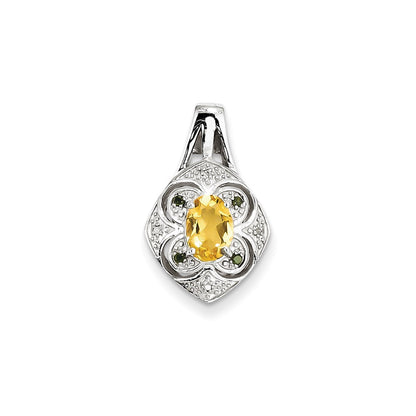 Sterling Silver White/Green Diamond & Citrine Oval Pendant