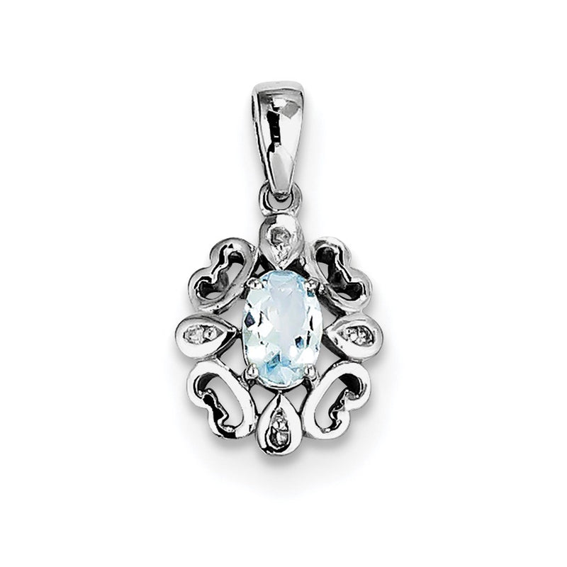 Sterling Silver Rhodium Plated Dia. & Aquamarine Oval Pendant
