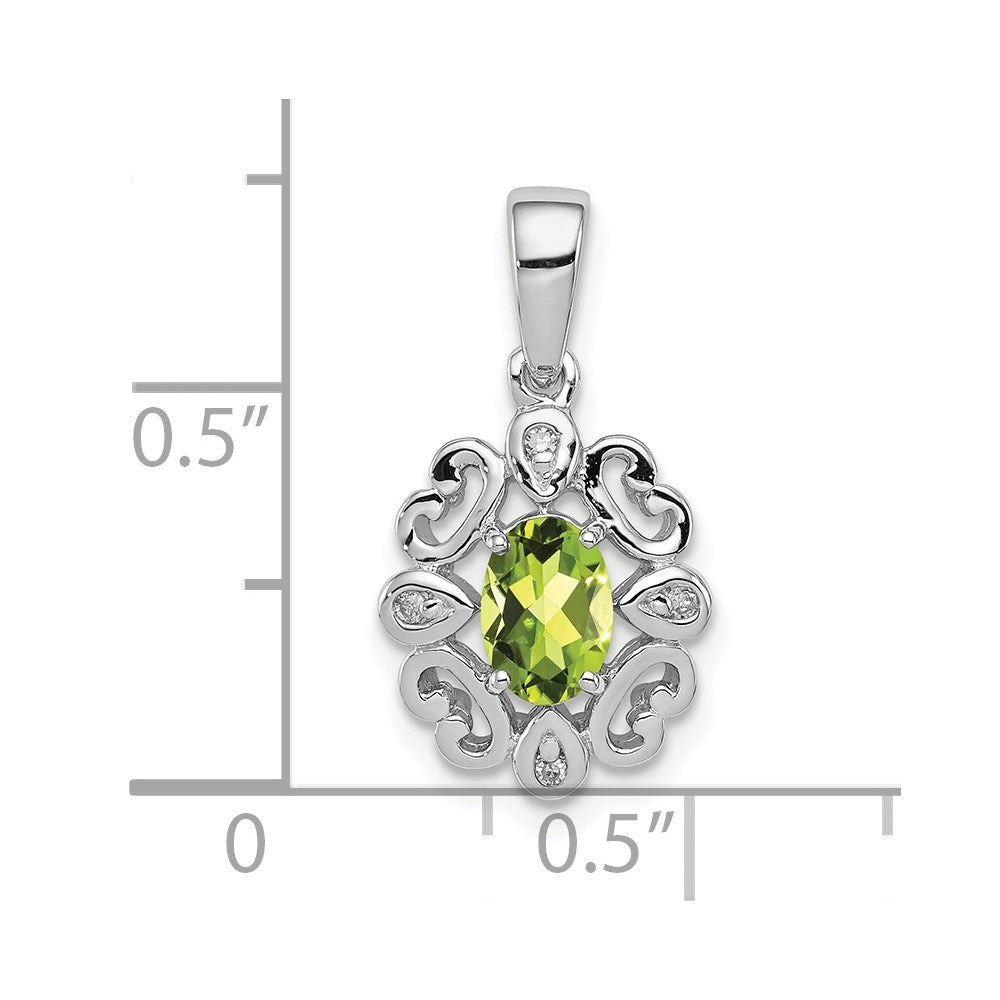 Sterling Silver Rhodium Plated Diamond & Peridot Oval Pendant