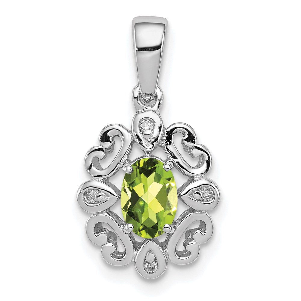 Sterling Silver Rhodium Plated Diamond & Peridot Oval Pendant