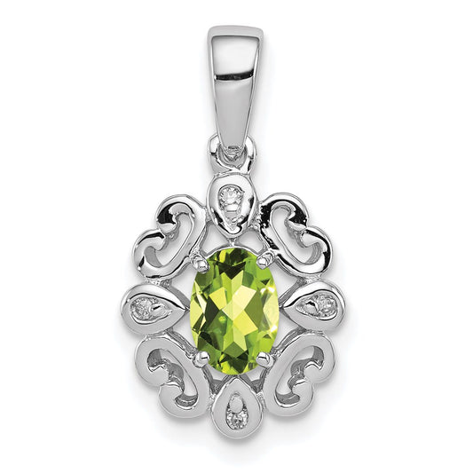Sterling Silver Rhodium Plated Diamond & Peridot Oval Pendant