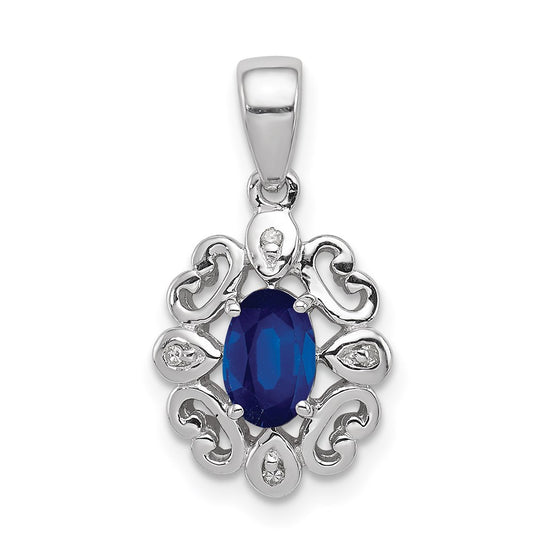 Sterling Silver Rhodium Plated Diamond & Sapphire Oval Pendant