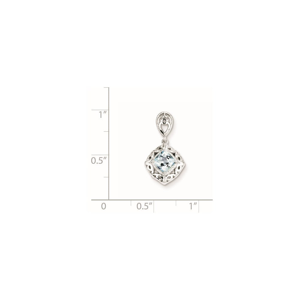 Sterling Silver Rhodium-plated Aquamarine Square Pendant
