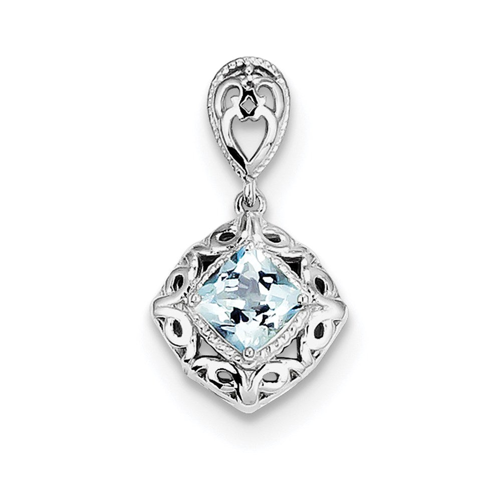 Sterling Silver Rhodium-plated Aquamarine Square Pendant