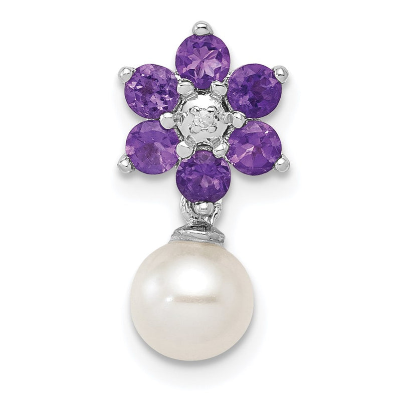 Sterling Silver Rhodium FW Cultured Pearl Amethyst Diamond Chain Slide