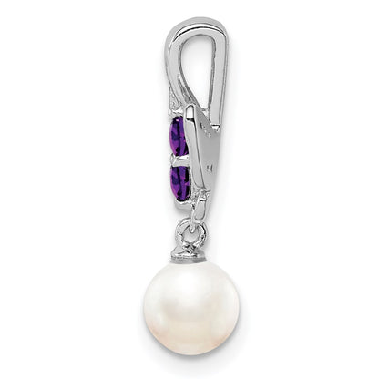 Sterling Silver Rhodium FW Cultured Pearl Amethyst Diamond Pendant