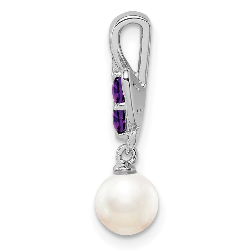 Sterling Silver Rhodium FW Cultured Pearl Amethyst Diamond Pendant