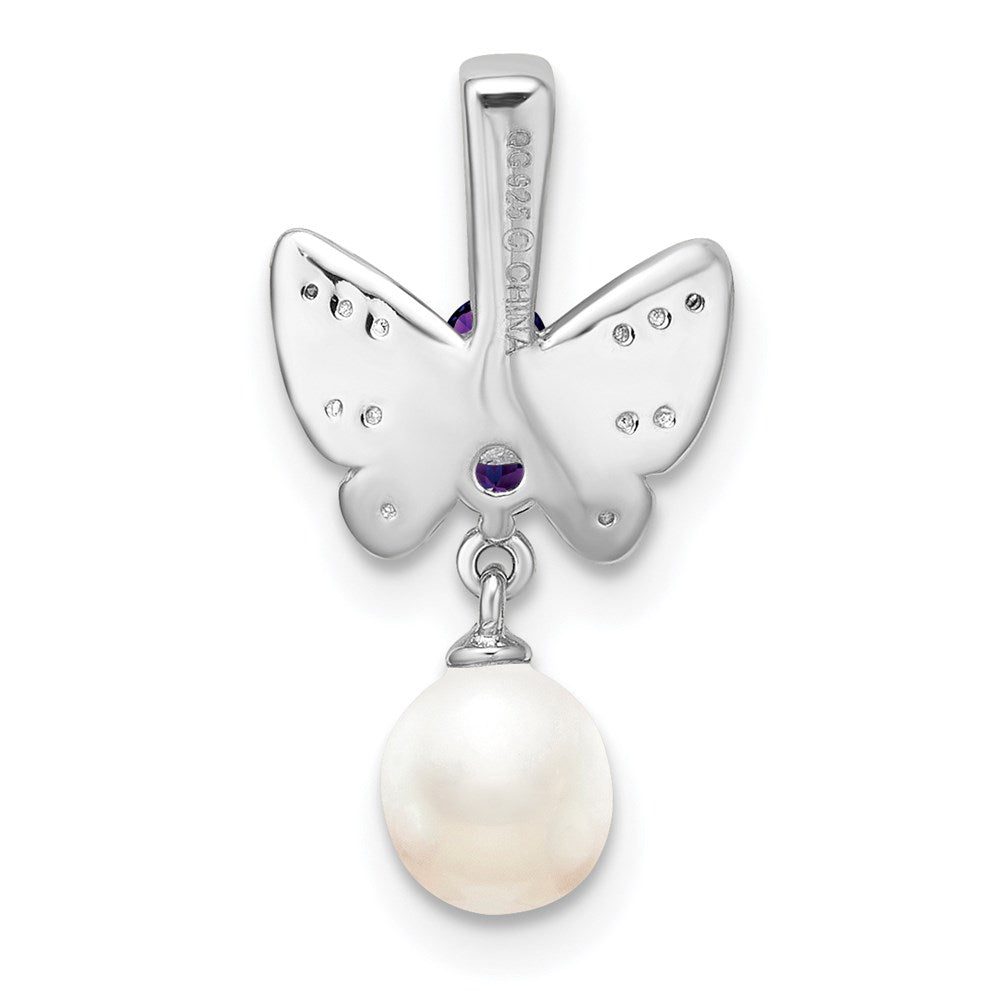 Sterling Silver Rhodium FW Cultured Pearl Amethyst Diamond Pendant