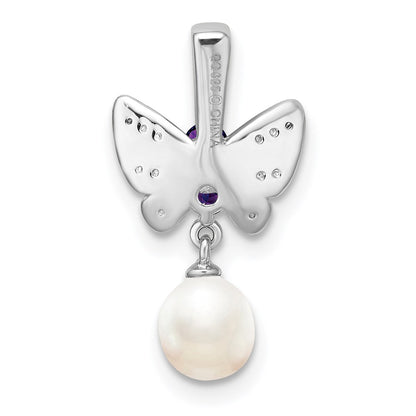 Sterling Silver Rhodium FW Cultured Pearl Amethyst Diamond Pendant