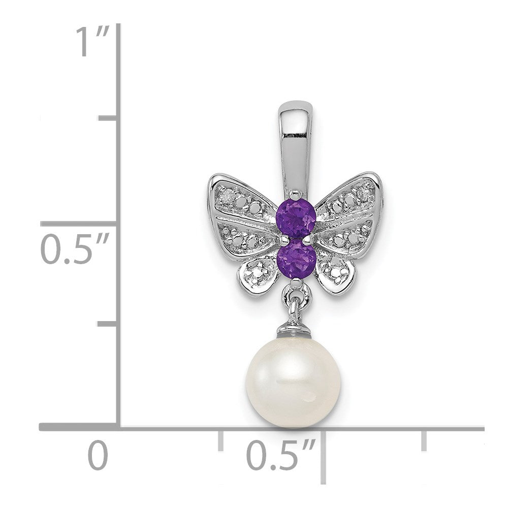 Sterling Silver Rhodium FW Cultured Pearl Amethyst Diamond Pendant