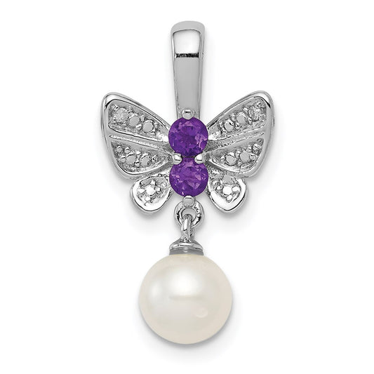 Sterling Silver Rhodium FW Cultured Pearl Amethyst Diamond Pendant