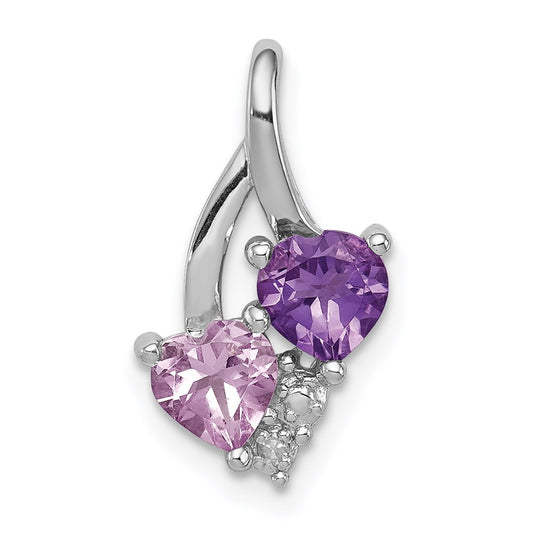 Sterling Silver Rhodium Amethyst & Pink Quartz & Diamond Pendant