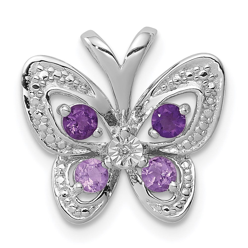 Sterling Silver Rhodium Amethyst & Pink Quartz & Diamond Pendant