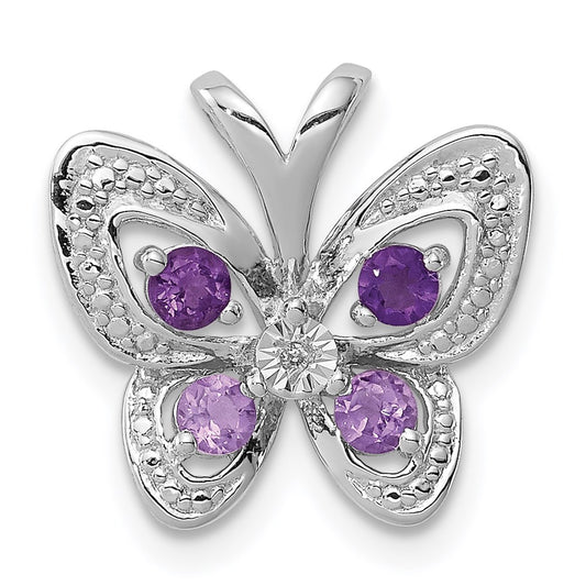 Sterling Silver Rhodium Amethyst & Pink Quartz & Diamond Pendant