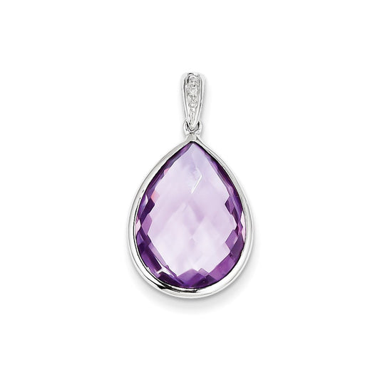Sterling Silver Rhodium Plated Diamond Amethyst Pendant