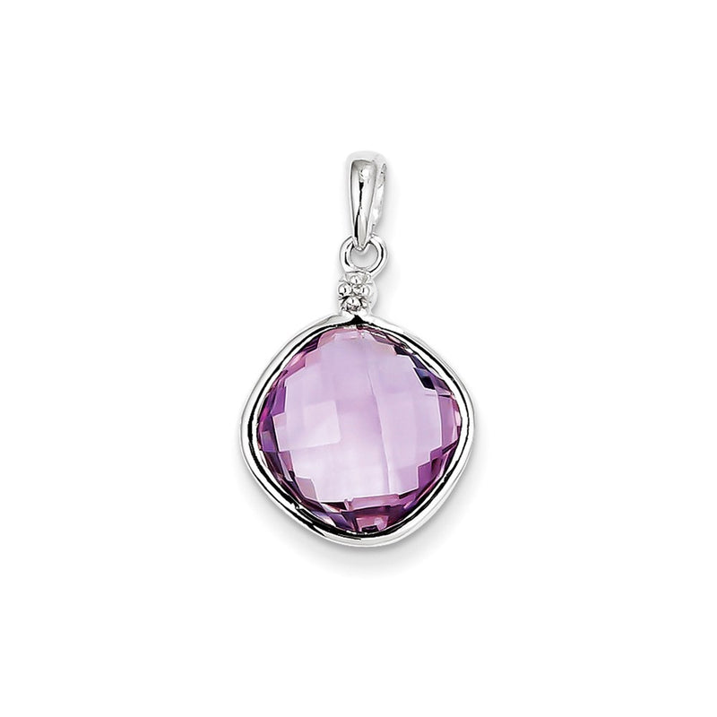 Sterling Silver Rhodium Plated Diamond & Pink Quartz Square Pendant