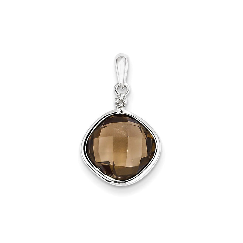 Sterling Silver Rhodium Plated Dia. & Smoky Quartz Square Pendant