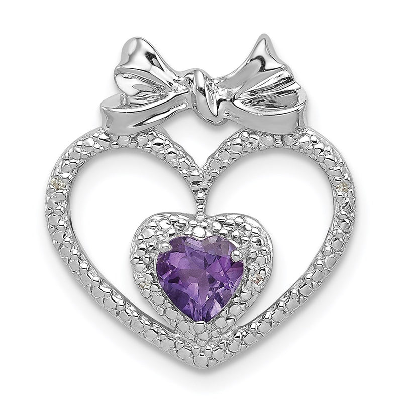 Sterling Silver Rhodium Plated Diamond & Amethyst Heart Chain Slide