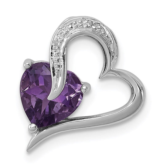 Sterling Silver Rhodium Plated Diamond Amethyst Heart Pendant