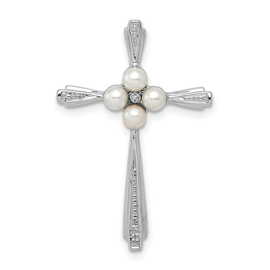 Sterling Silver Rhod Plated Diamond FW Cultured Pearl Cross Pendant