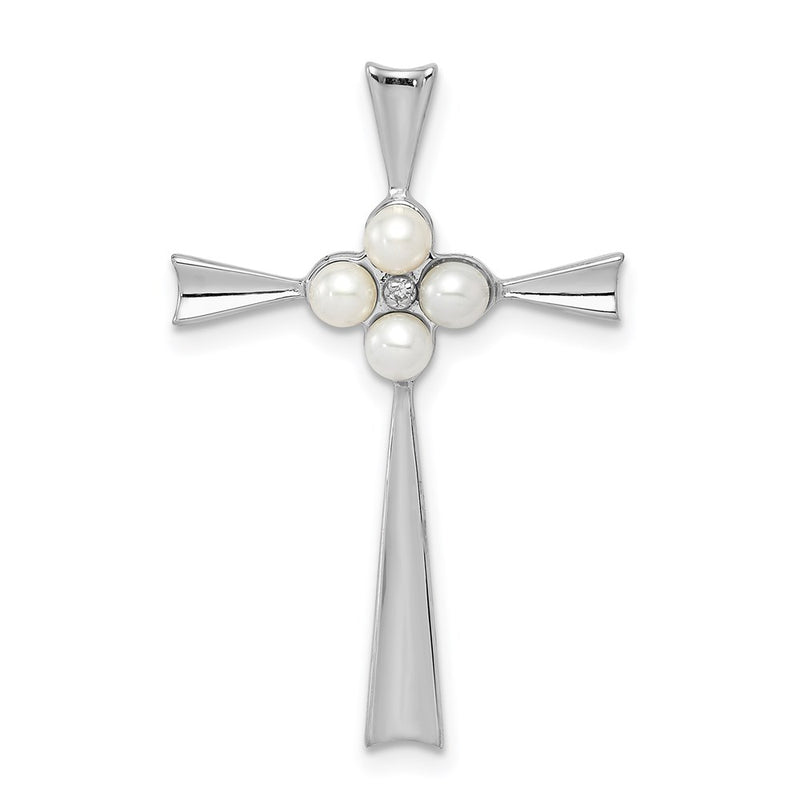 Sterling Silver Rhod Plated Diamond FW Cultured Pearl Cross Chain Slide