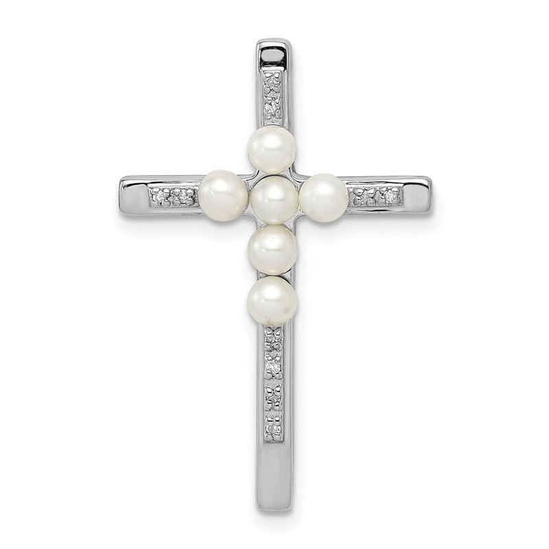 Sterling Silver Rhod Plated Diamond FWC Pearl Cross Chain Slide