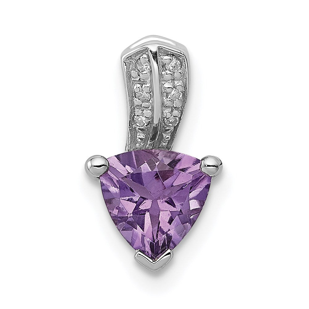 Sterling Silver Rhodium Plated Diamond Amethyst Trillion Pendant