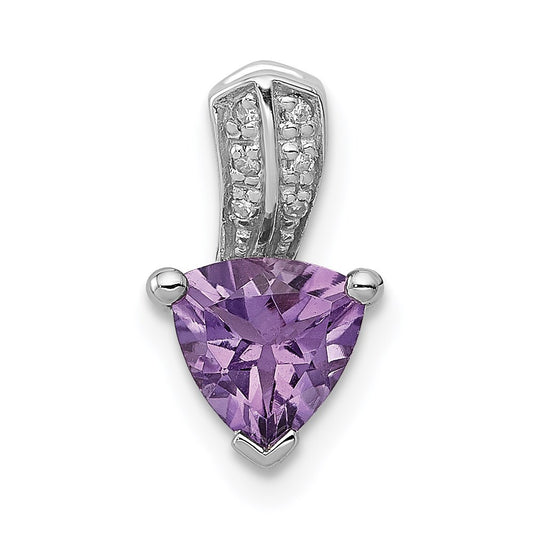 Sterling Silver Rhodium Plated Diamond Amethyst Trillion Pendant