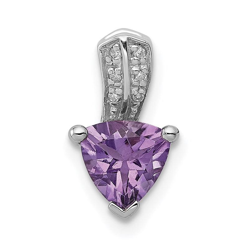 Sterling Silver Rhodium Plated Diamond Amethyst Trillion Pendant