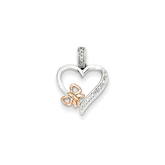 Sterling Silver/Rhodium/14k Rose Gold Butterfly Diamond Heart Pendant