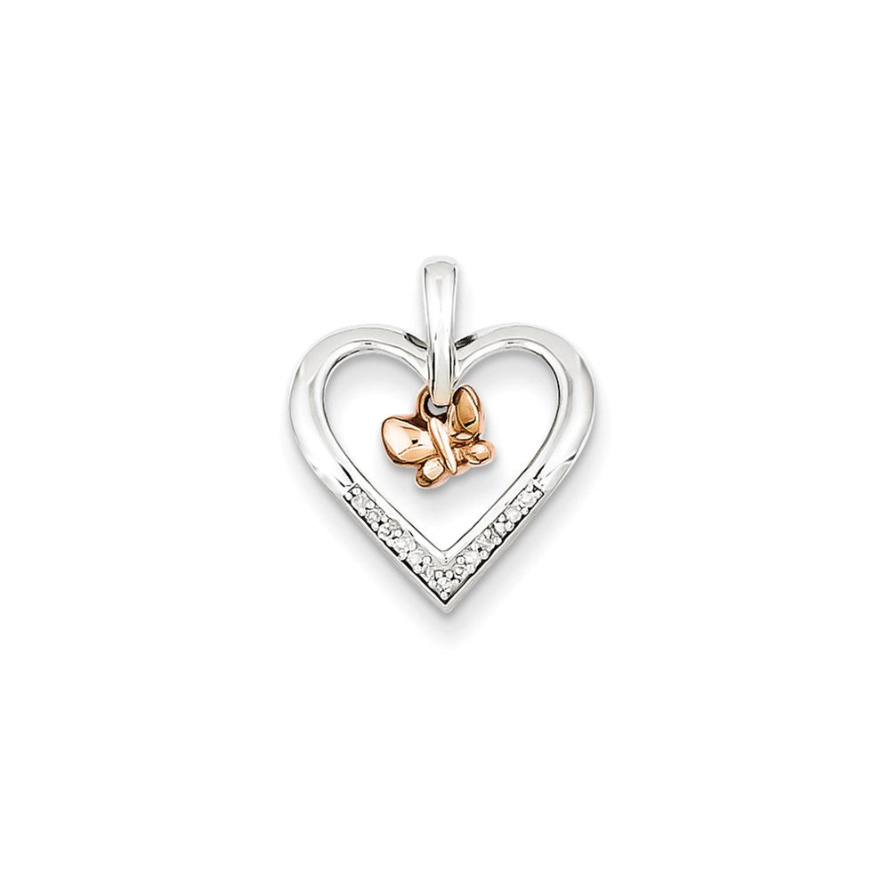 Sterling Silver/Rhodium/14k Rose Gold Butterfly Diamond Heart Pendant