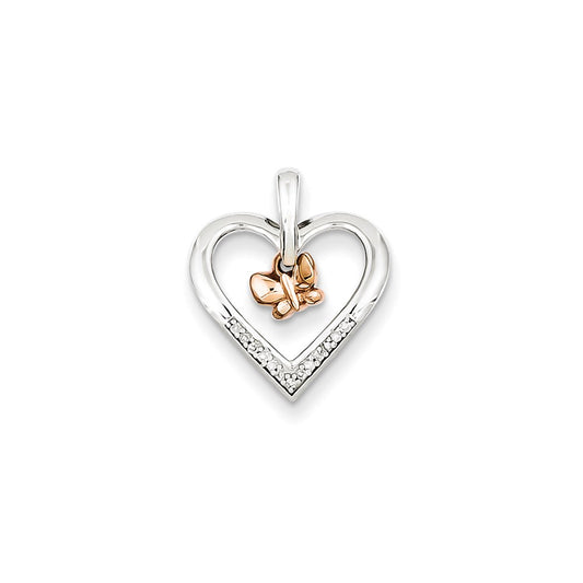 Sterling Silver/Rhodium/14k Rose Gold Butterfly Diamond Heart Pendant