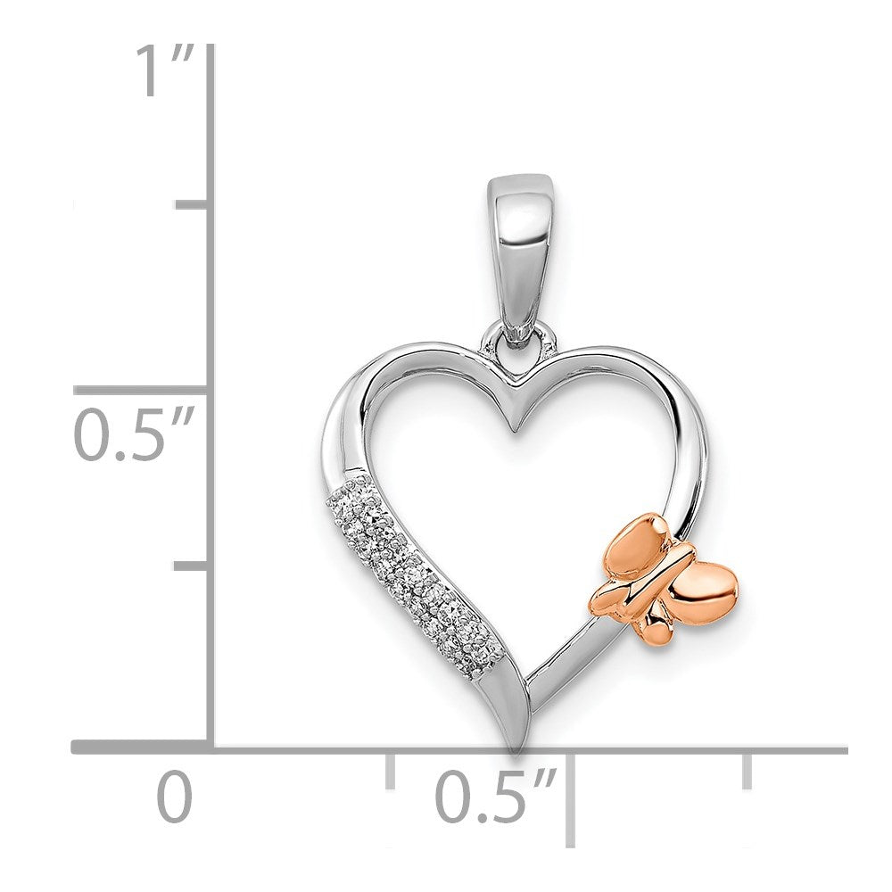 Sterling Silver Rhod-Plated w/14k Rose Gold Butterfly Diamond Heart Pendant
