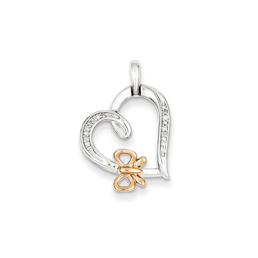 Sterling Silver/Rhodium/14k Rose Gold Butterfly Diamond Heart Pendant