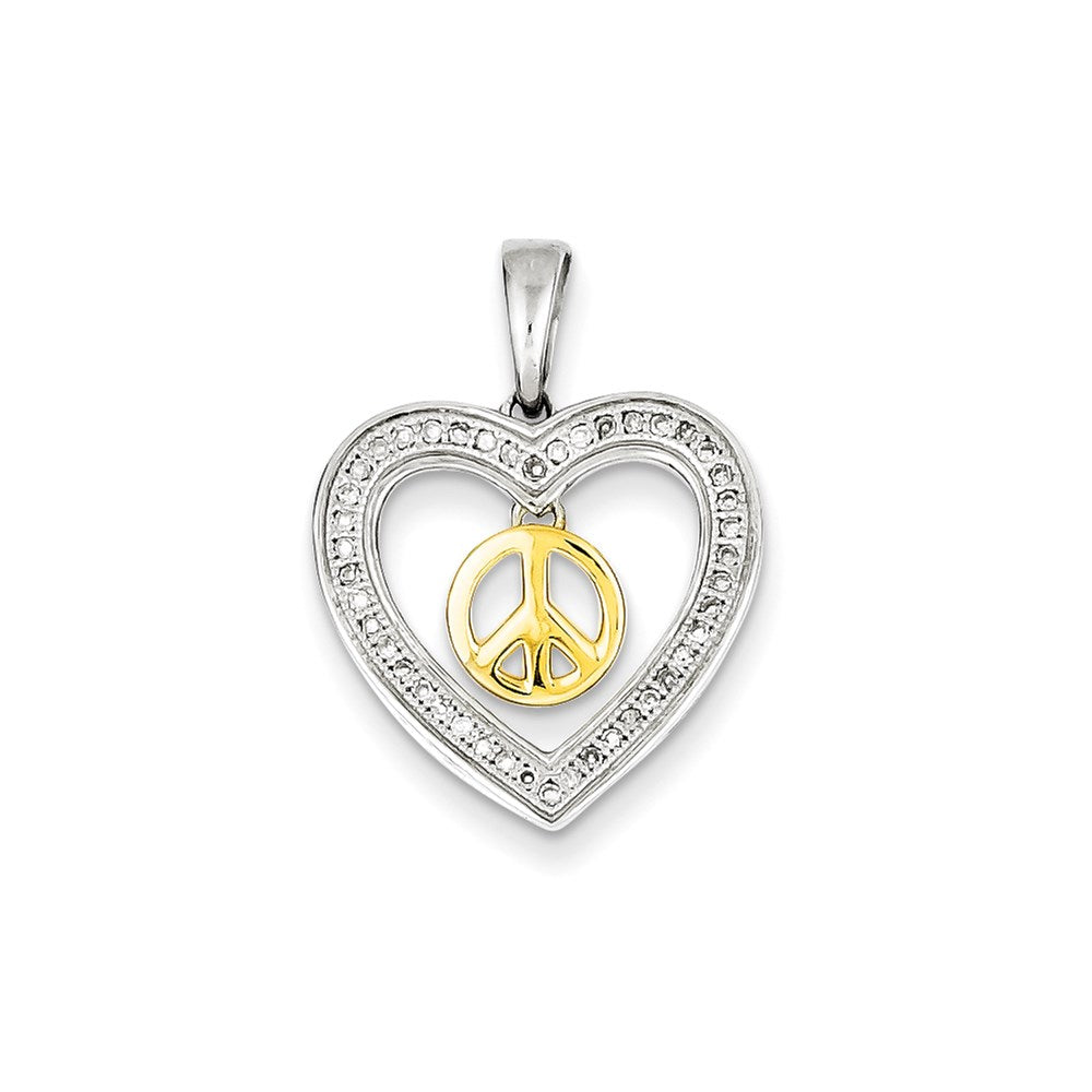Sterling Silver & 14K Yellow Peace Sign in Open Heart Diamond Pendant