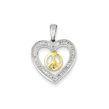 Sterling Silver & 14K Yellow Peace Sign in Open Heart Diamond Pendant